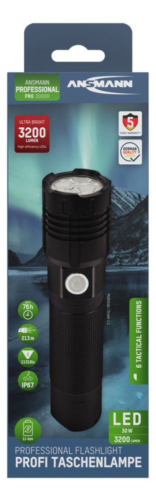 Ansmann Taschenlampe Pro 3000R – 3200 lm, 213 m, IP67, USB, Akku 5100 mAh, 6 Modi – Schwarz