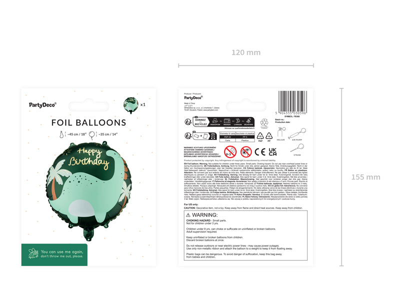 PartyDeco Folienballon Dinosaurier – Mehrfarbig – 45 × 45 cm – 1 Stk