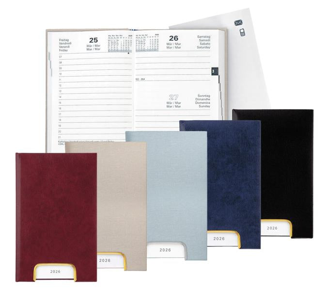 Biella Geschäftsagenda – 1 Tag pro Seite, gebunden, 10,1 × 16,0 cm, 2026, 1-Stunden-Takt, schwarz, FSC
