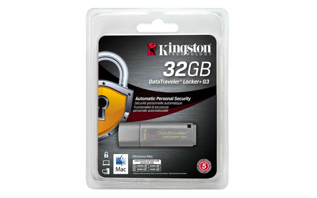 Kingston Technology Kingston DataTraveler Locker+ G3 – 32 GB USB 3.2 Gen 1 Typ A, Lesen 135 MB/s, Schreiben 40 MB/s, Passwortschutz