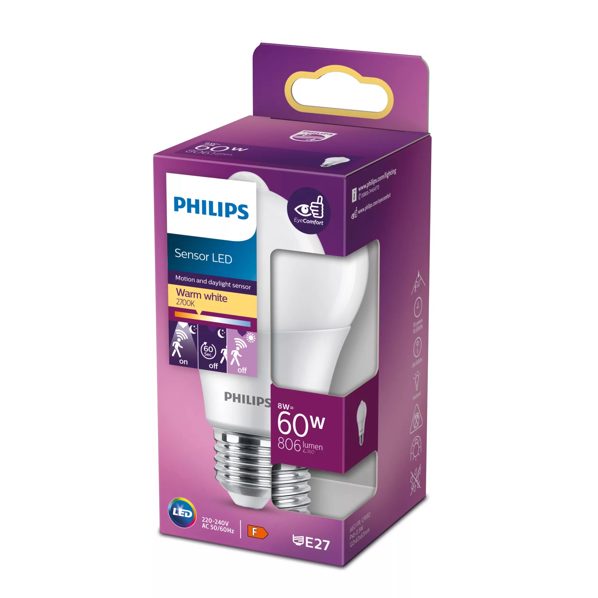 Philips by Signify Philips LED-Leuchtmittel E27 A60 – 806 lm, 8 W, Warmweiss 2700 K – 1 Stk., Weiss