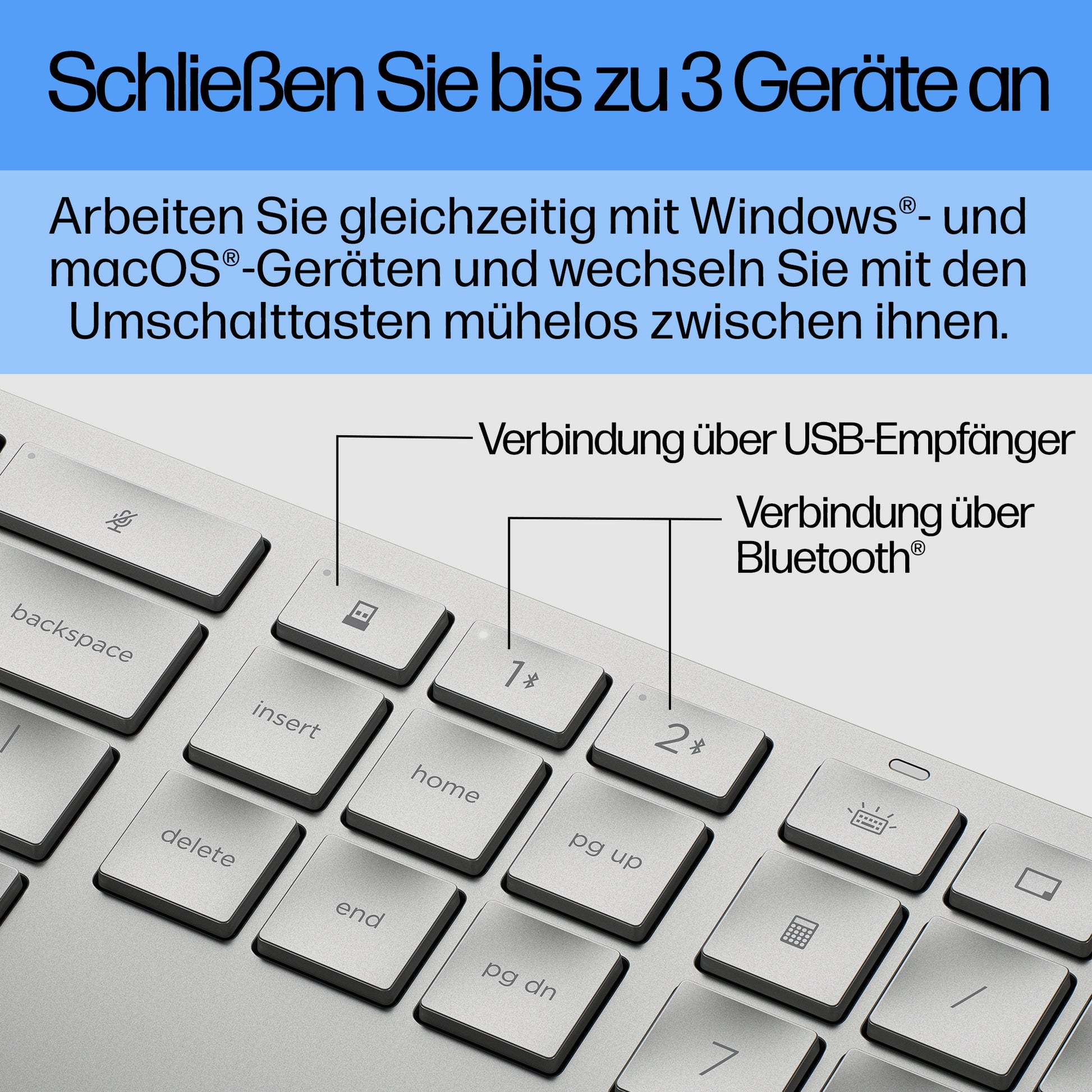 HP 970 – Tastatur – Bluetooth – Programmierbar, Multi-Device – USB-C-Ladeport – für PCs mit USB-A-Anschluss