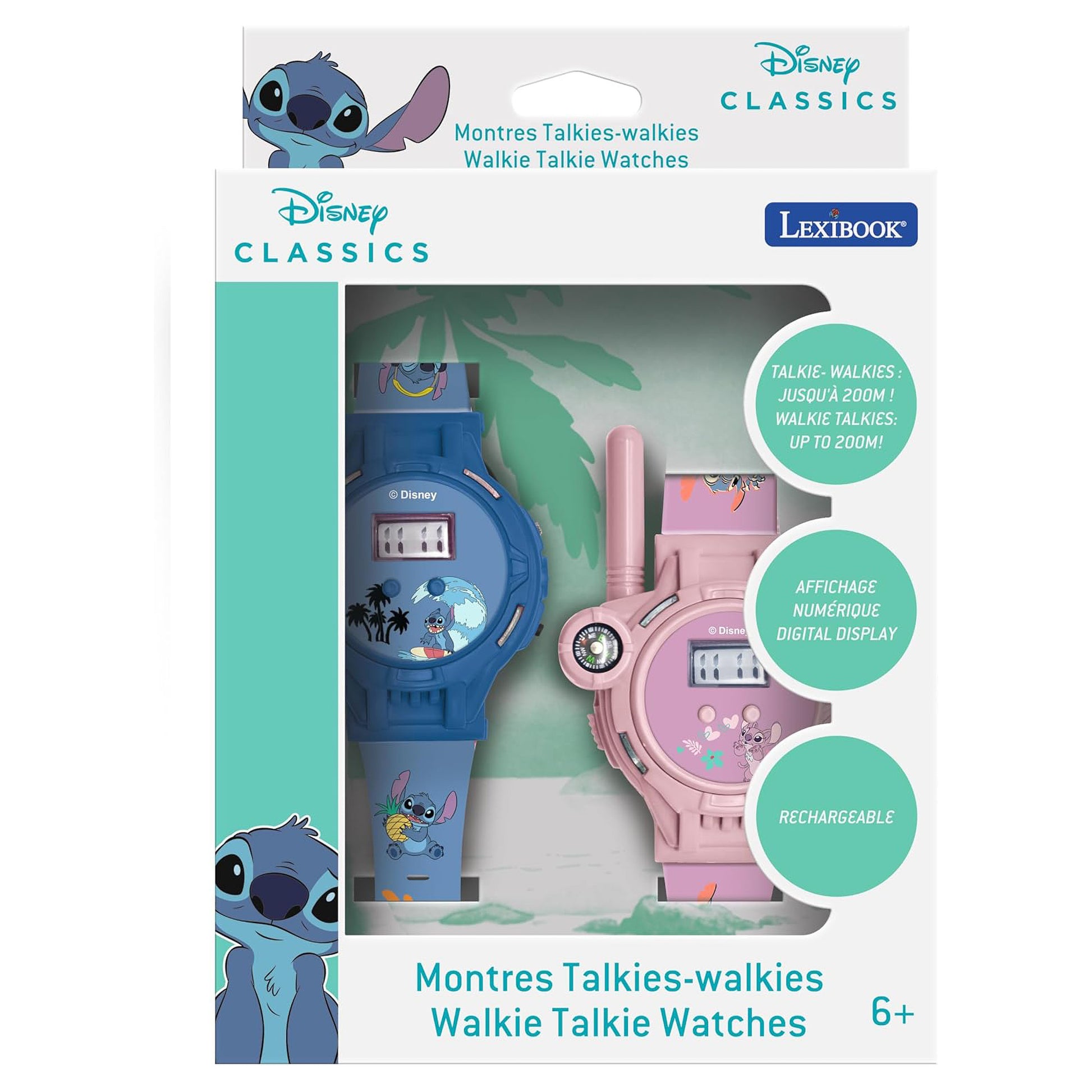 Lexibook Stitch Digitaluhr – Walkie-Talkie, Reichweite 200 m – 2 Stück – ab 3 J. – Blau/Pink