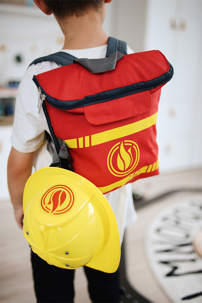 Small foot Feuerwehrrucksack – 25,0 × 26,0 × 10,0 cm – gelb/rot – ab 3 J. – Stoff, Kunststoff, Holz
