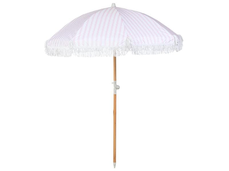 KOOR Strandschirm – rund, gestreift, Holzstange – Ø 150 cm, 180 cm hoch – rosa, weiss – Polyester