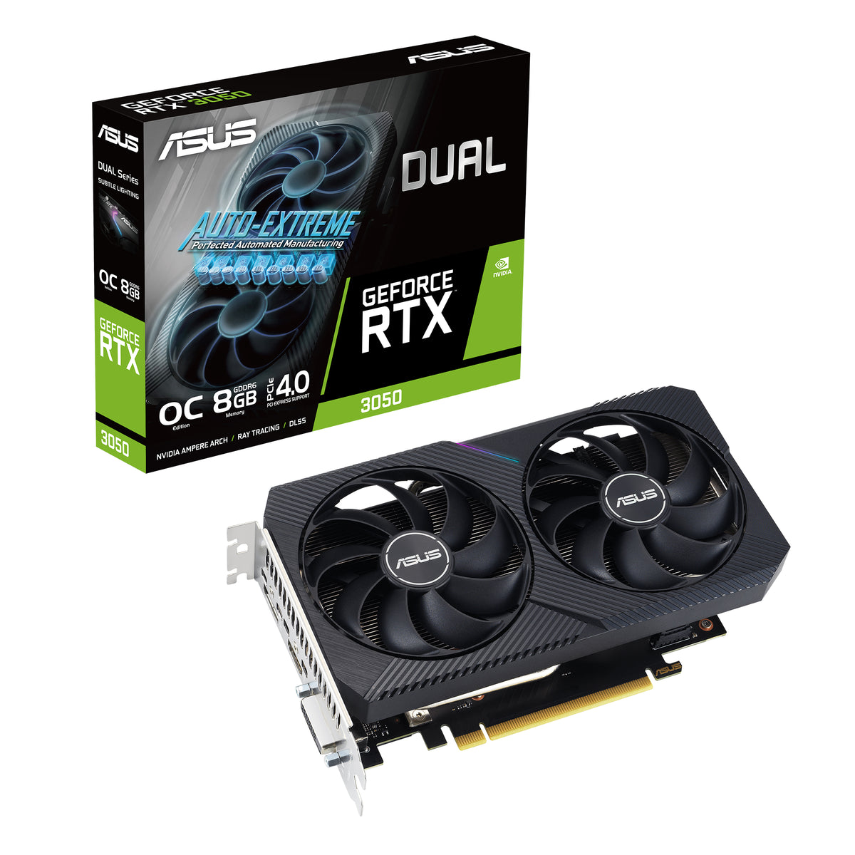 ASUS DUAL RTX3050 O8G V2 – Grafikkarte – 8 GB GDDR6, PCIe 4.0, 1852 MHz Boost, 1×HDMI, 1×DP, 2×Lüfter, 200 mm