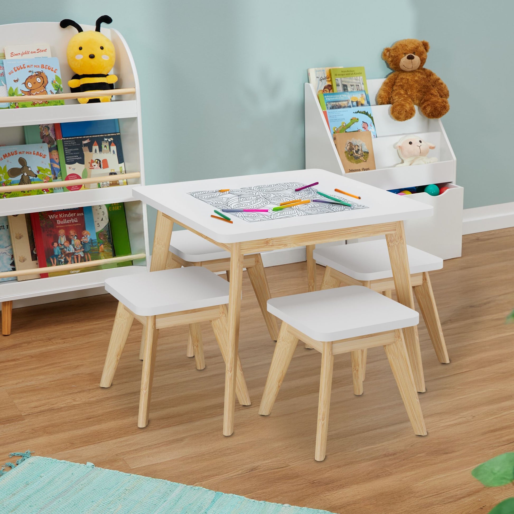 Relaxdays Sitzgarnitur-Set – B 60 × T 60 × H 49 cm – MDF, Bambus, Weiss, Natur – für Kinder
