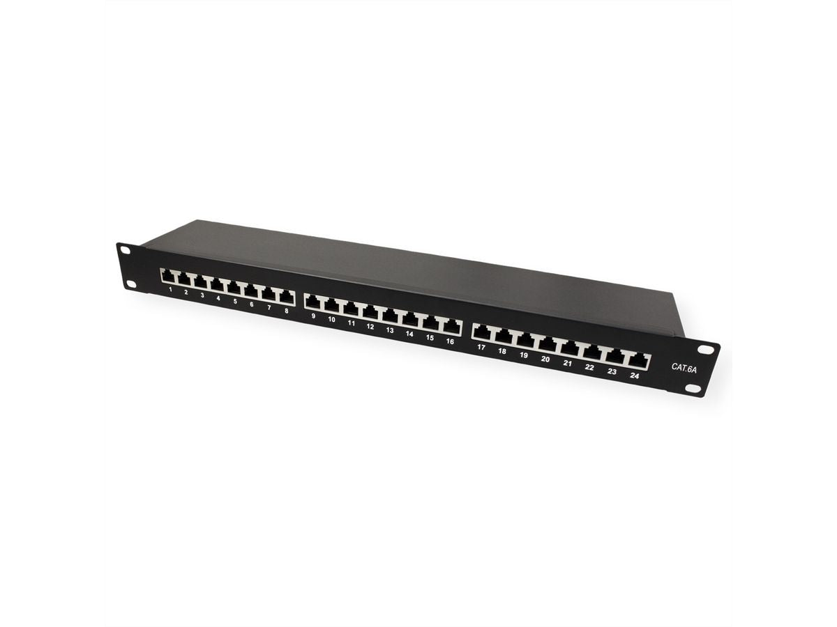 VALUE Cat.6A (Klasse EA) Patchpanel – 24× RJ‑45, 10 Gbit/s, geschirmt, 19", 1U, für Cat6a, schwarz