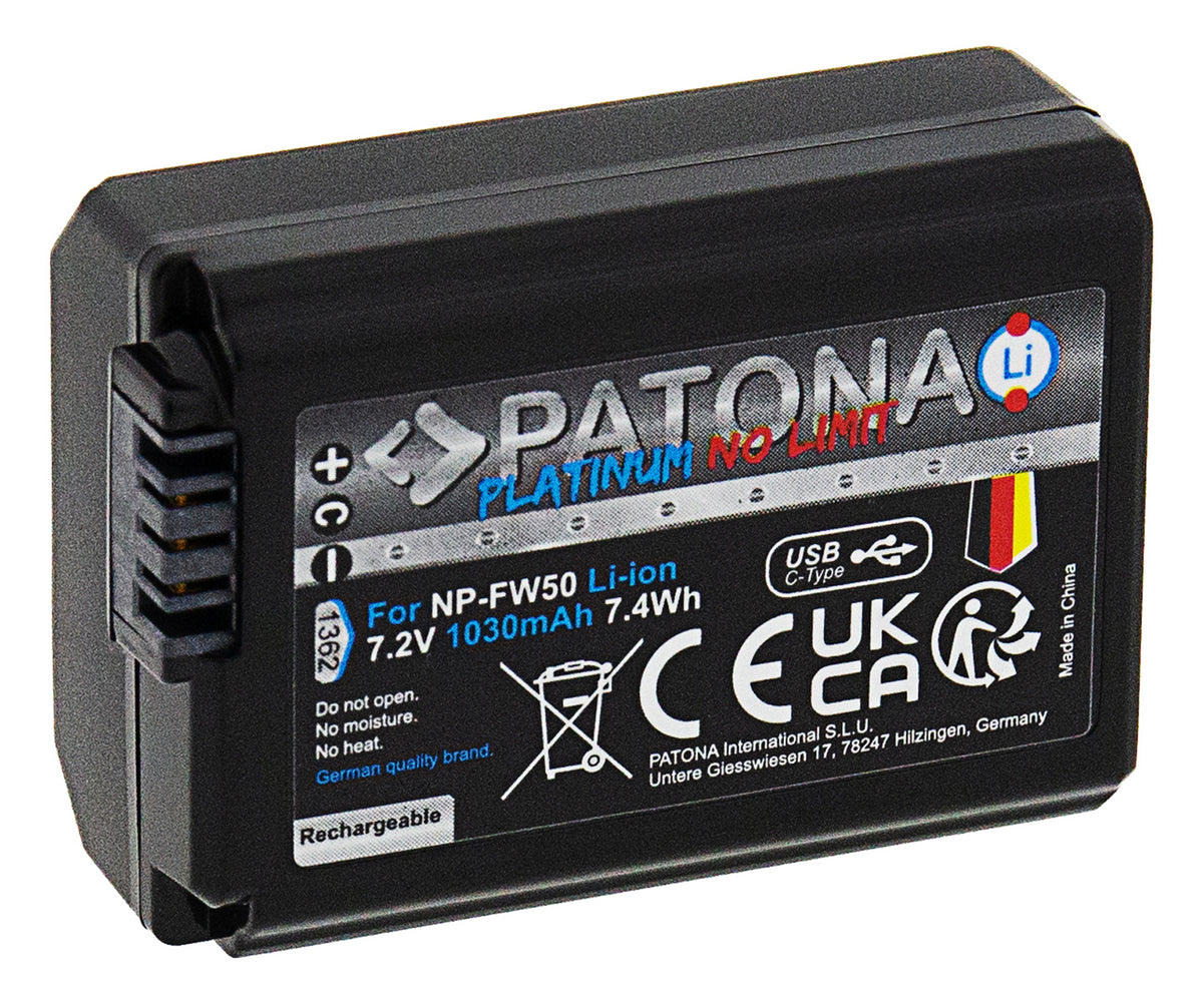 PATONA Platinum Akku NP-FW50 – 1.030 mAh, 7,2 V, USB-C – für Sony NEX.3, NEX.3C, NEX.5 und andere – Schwarz