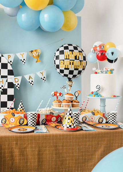 PartyDeco Folienballon Zielflagge Happy Birthday – mehrfarbig – Ø 35 cm – Folie – 1 Stk