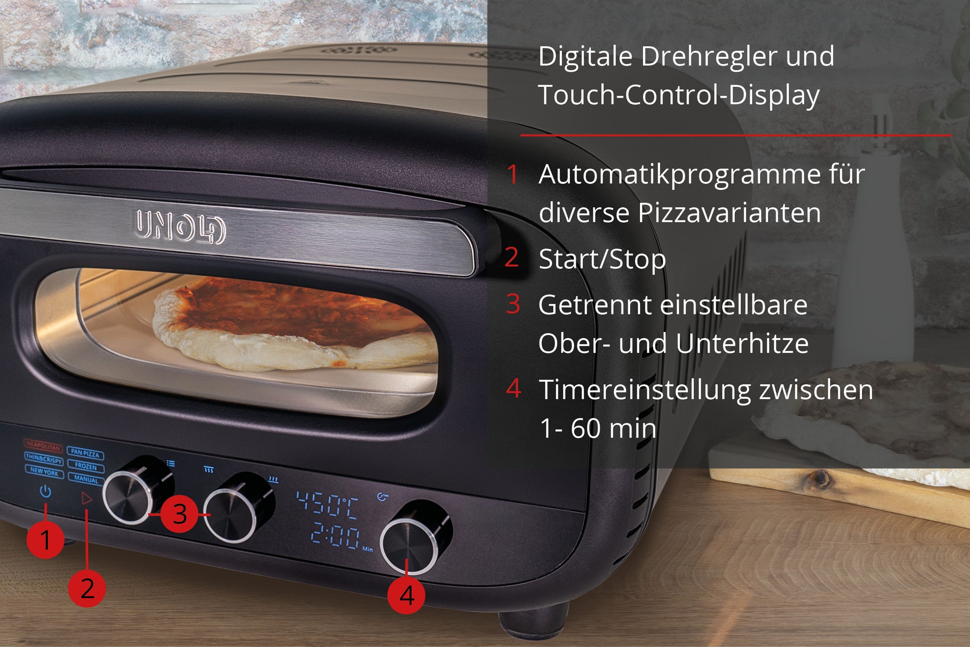 Unold Pizzaofen Don Alfredo 68805 – 1 Pizza, Ø 30 cm, 1700 W – schwarz/edelstahl