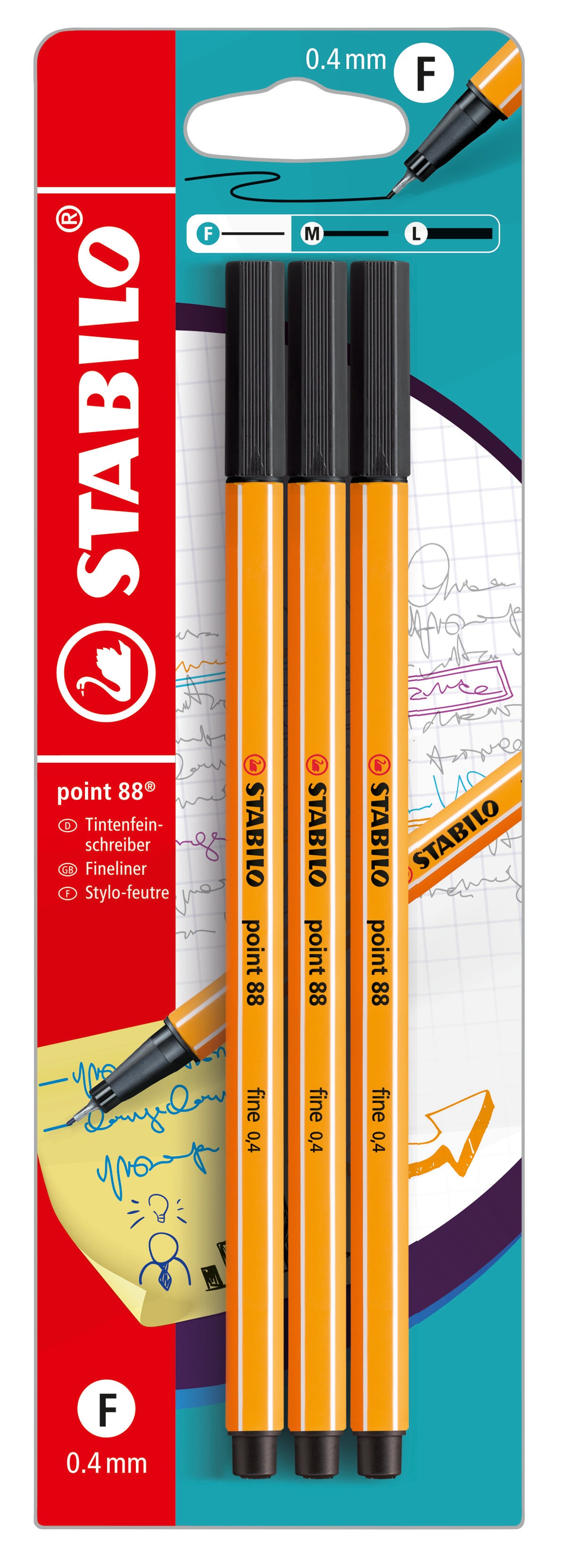 STABILO point 88 Fineliner – 3 Stk., 0,4 mm, schwarz, belüftete Kappe