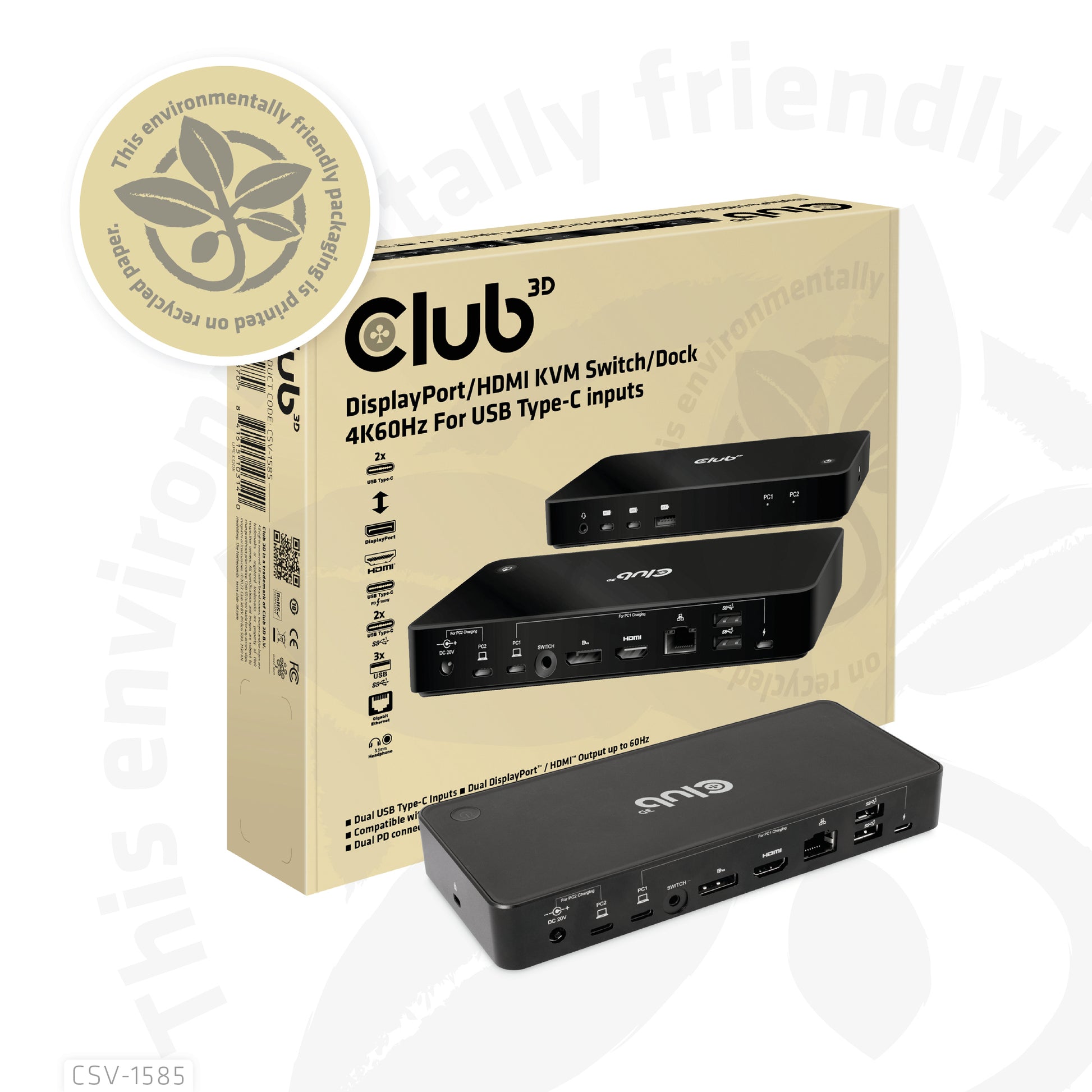 CLUB3D Club 3D – KVM-Switch, USB-C/3× USB 3.2 Gen 1 Typ A/HDMI/DisplayPort/LAN, PD 120 W, 1 Gbit/s