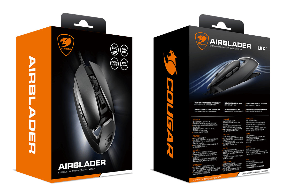 COUGAR Gaming COUGAR AIRBLADER – Gaming-Maus – Kabelgebunden (USB‑A), 16000 DPI, Beidhändig, Schwarz