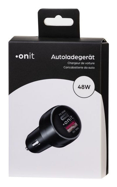ONIT F02658 Auto-Ladegerät 48 W – USB-C×1 (30 W), USB-A×1 (18 W) – PD 3.0, QC 3.0 – für 12–24 V Fahrzeuge, schwarz