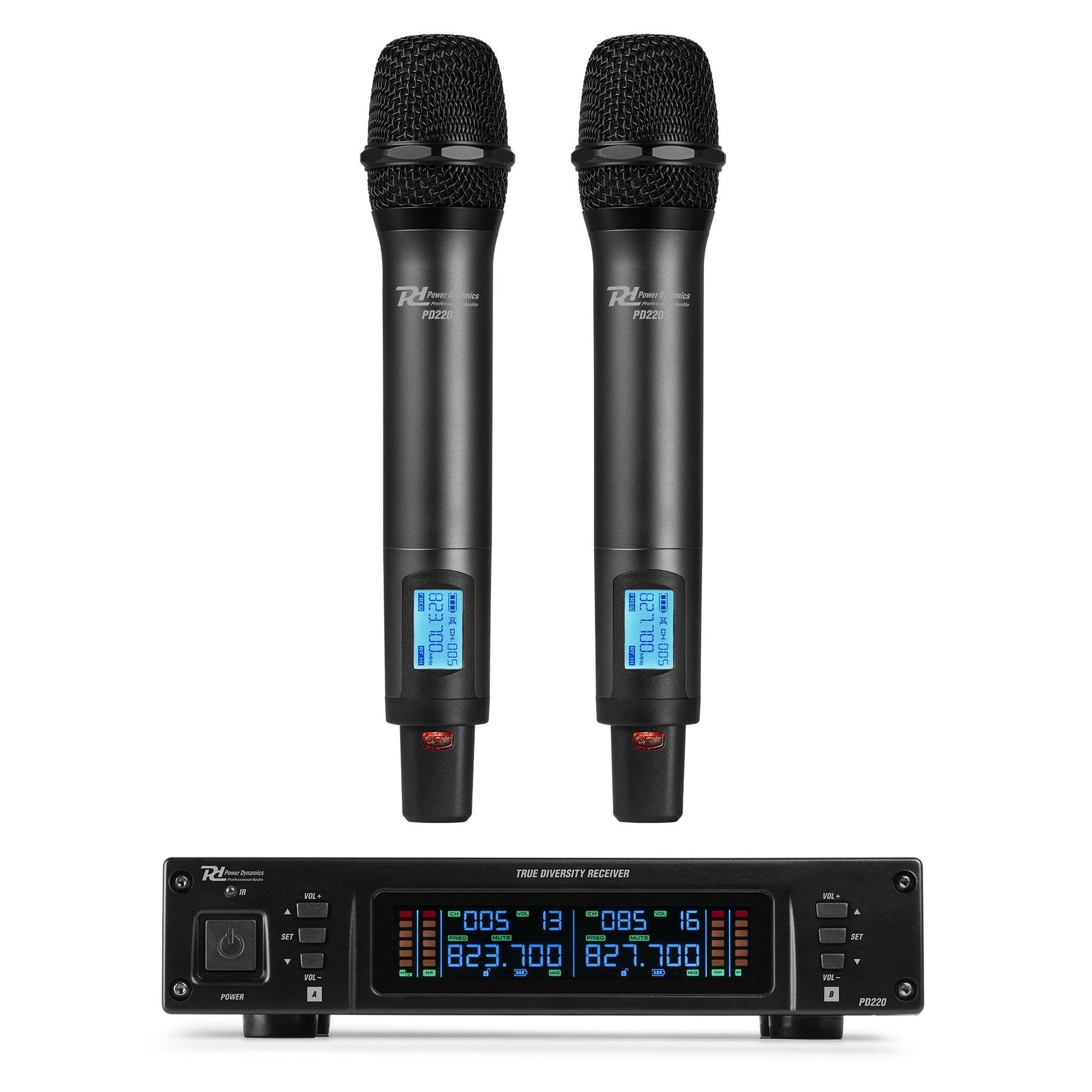 Power Dynamics PD220 Bühnenmikrofon 2er-Set – XLR/6,35 mm Klinke, Kabellos, Niere, 823–832 MHz, Schwarz