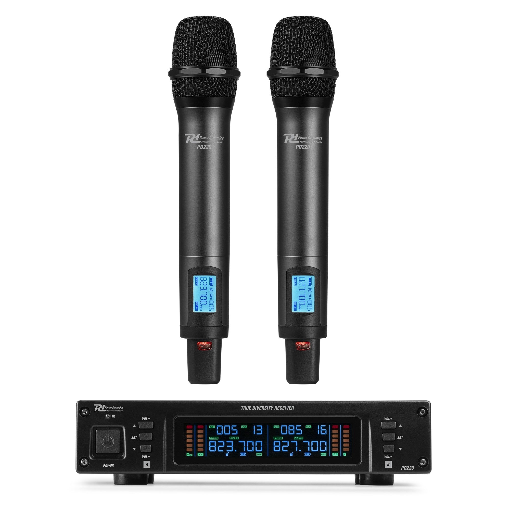 Power Dynamics PD220 Bühnenmikrofon 2er-Set – XLR/6,35 mm Klinke, Kabellos, Niere, 823–832 MHz, Schwarz
