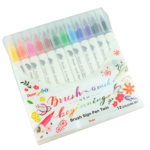 Pentel BrushSignPen Pinselstift – Doppelspitze, Kombi (Pinsel + Fein), 1–4 mm, 0,2–2 mm, 12 Farben