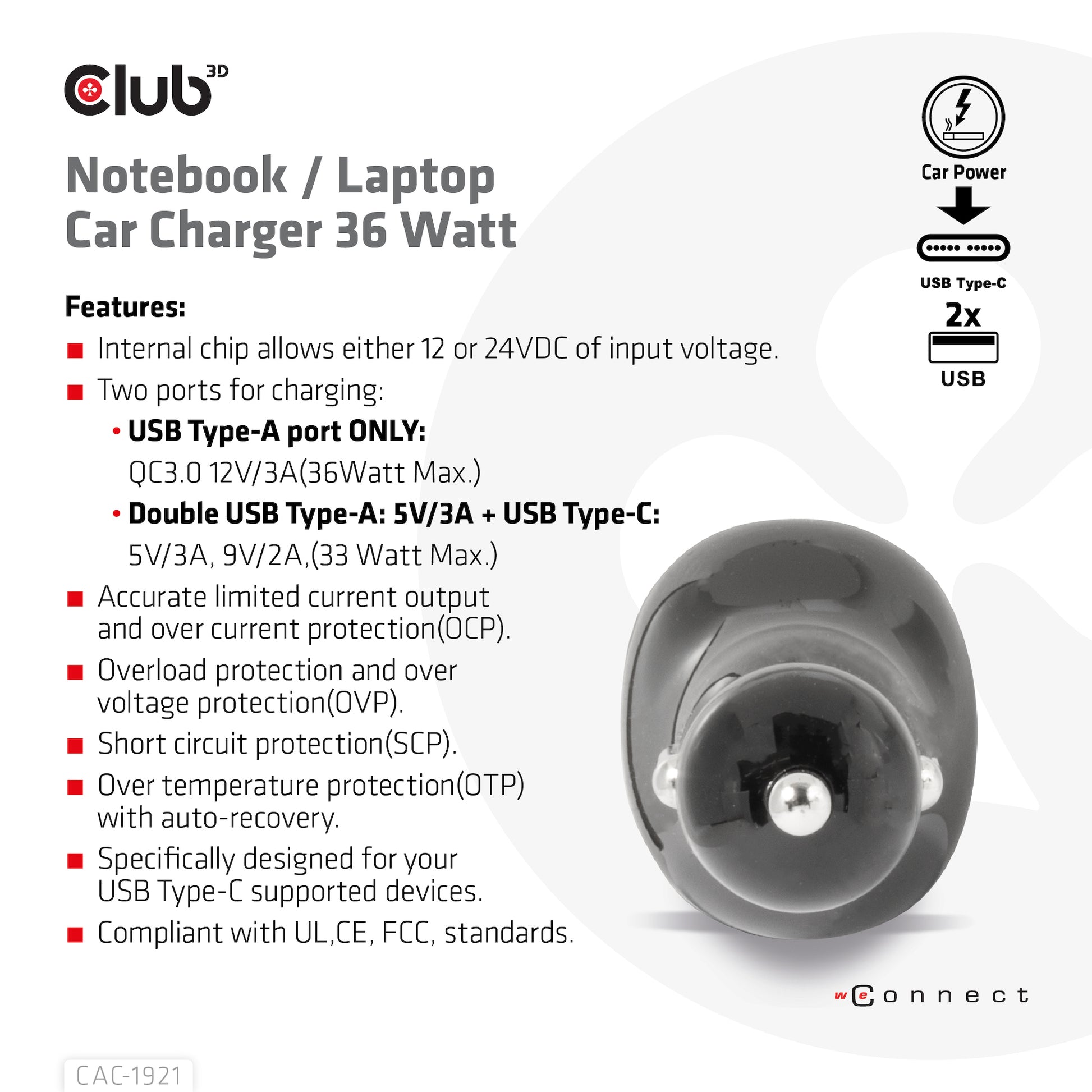 CLUB3D Club 3D CAC-1921 Auto-Ladegerät 36 W – USB-C×1, USB-A×2 – 12–24 V – Schwarz