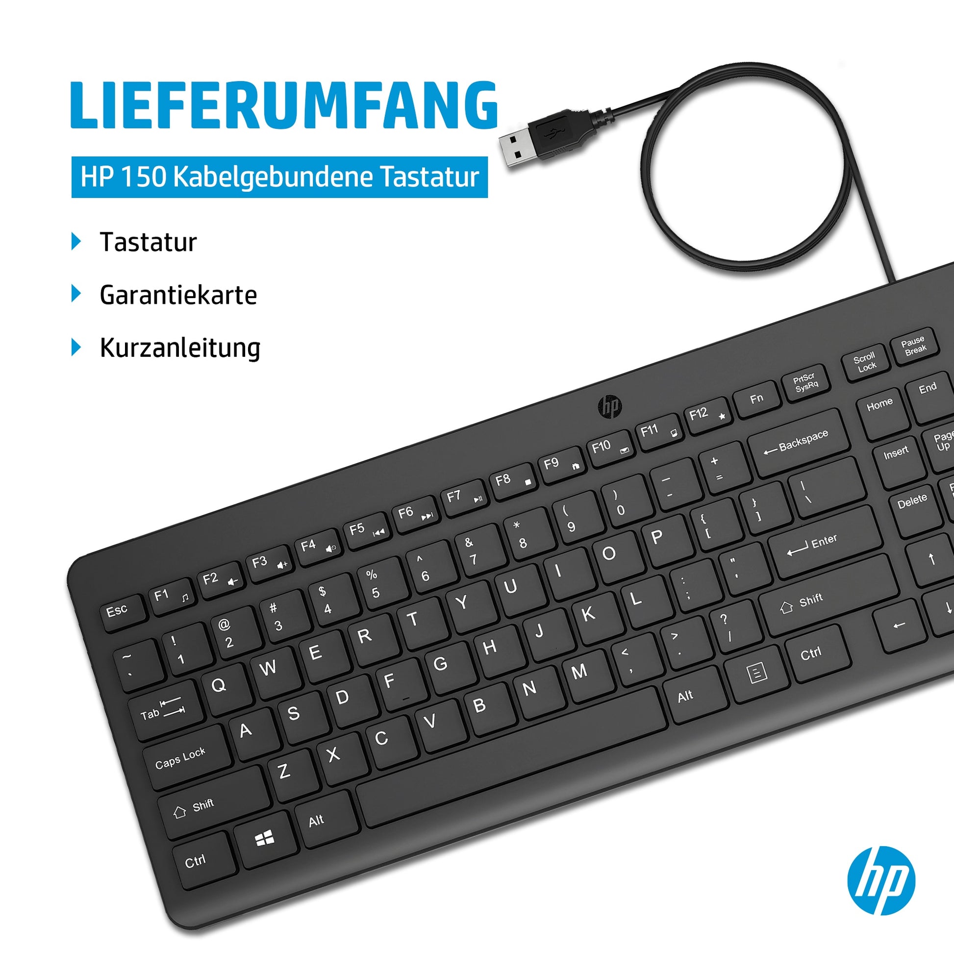 HP 150 – Tastatur, kabelgebunden (USB-A), Fullsize (mit Ziffernblock), Schwarz – für Windows 10 & Windows 11