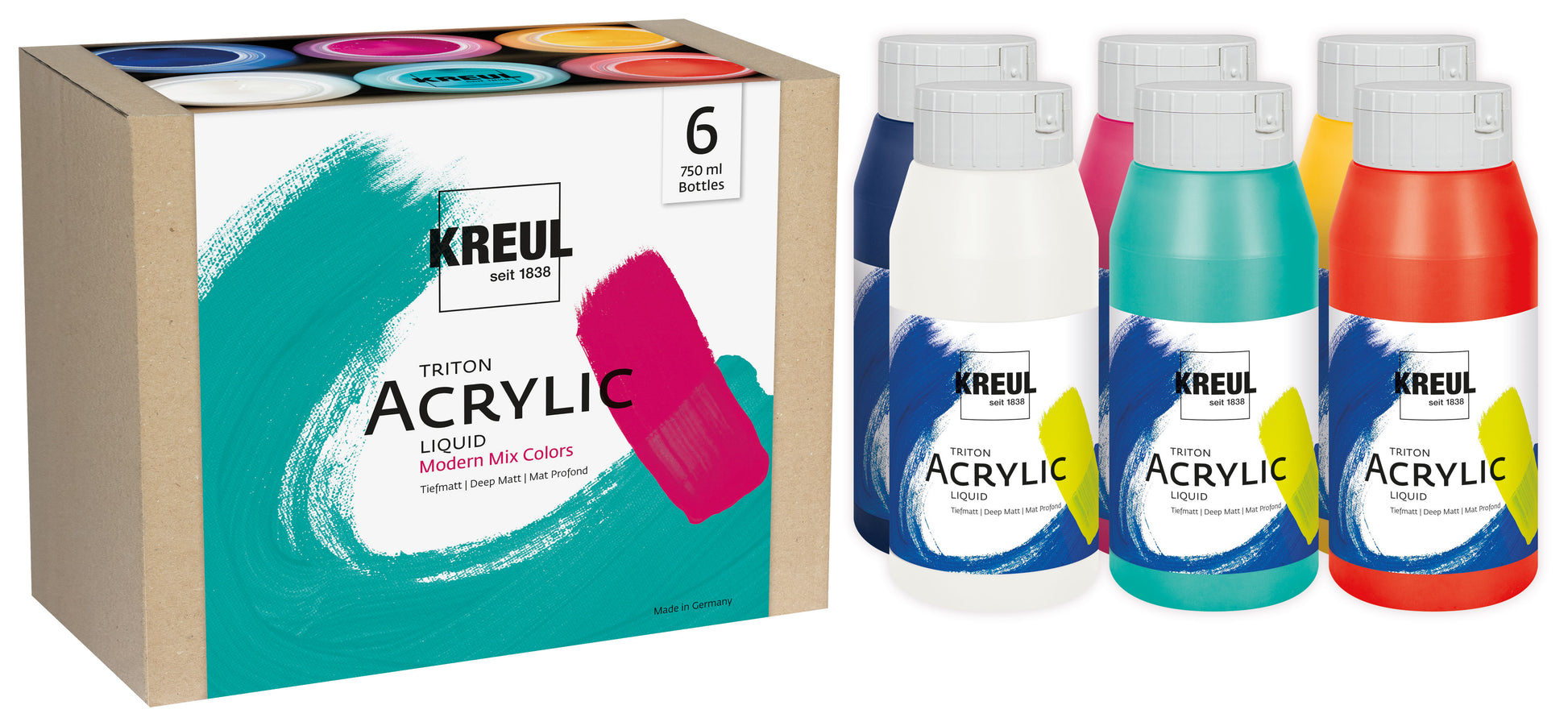KREUL Triton Acrylfarbe – 6 Farben, matt – 6×750 ml (4,5 l) – für Papier, Holz, Metall