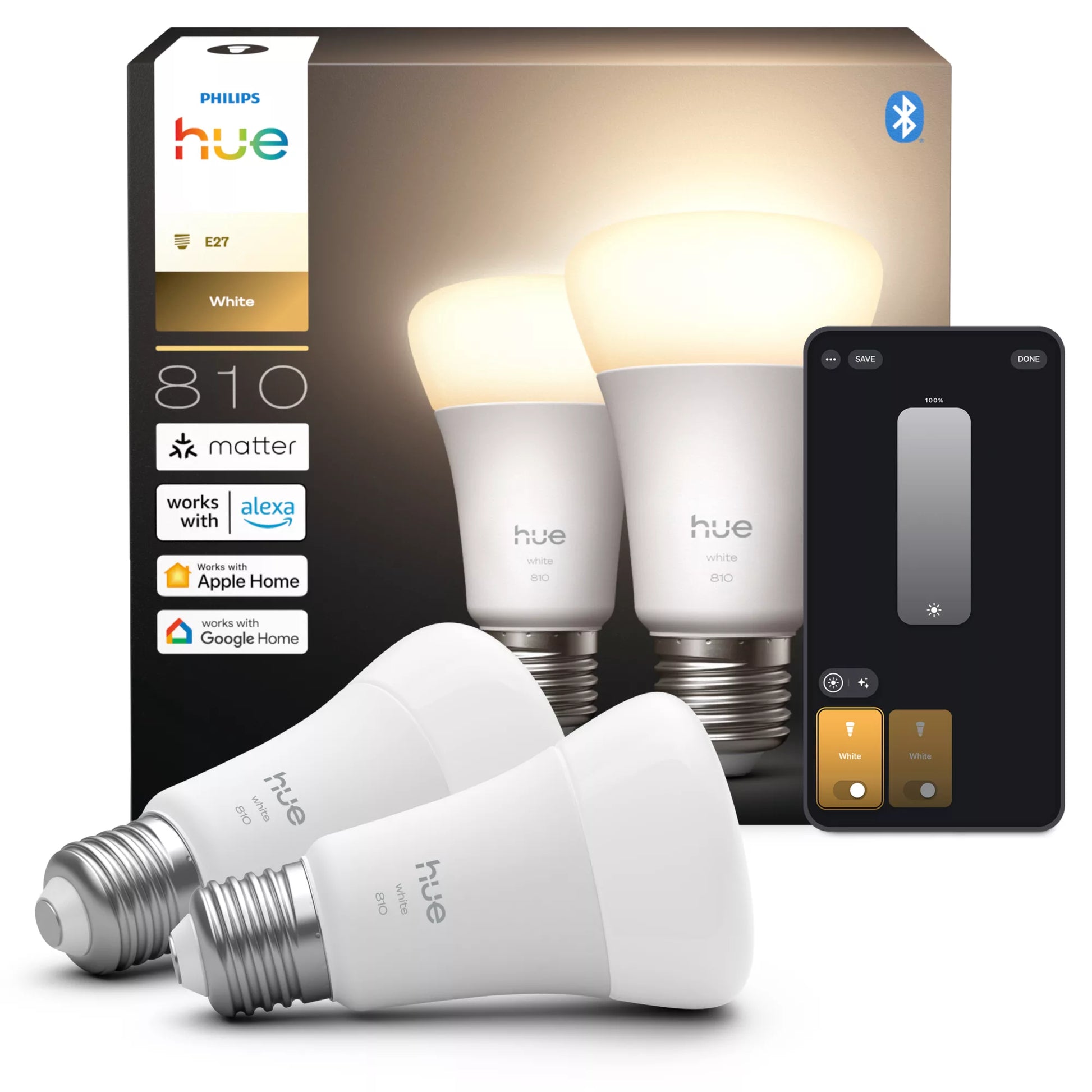 Philips by Signify Philips Hue Smart-Leuchtmittel E27 – 810 lm, 2700 K, App, dimmbar – 2er-Pack