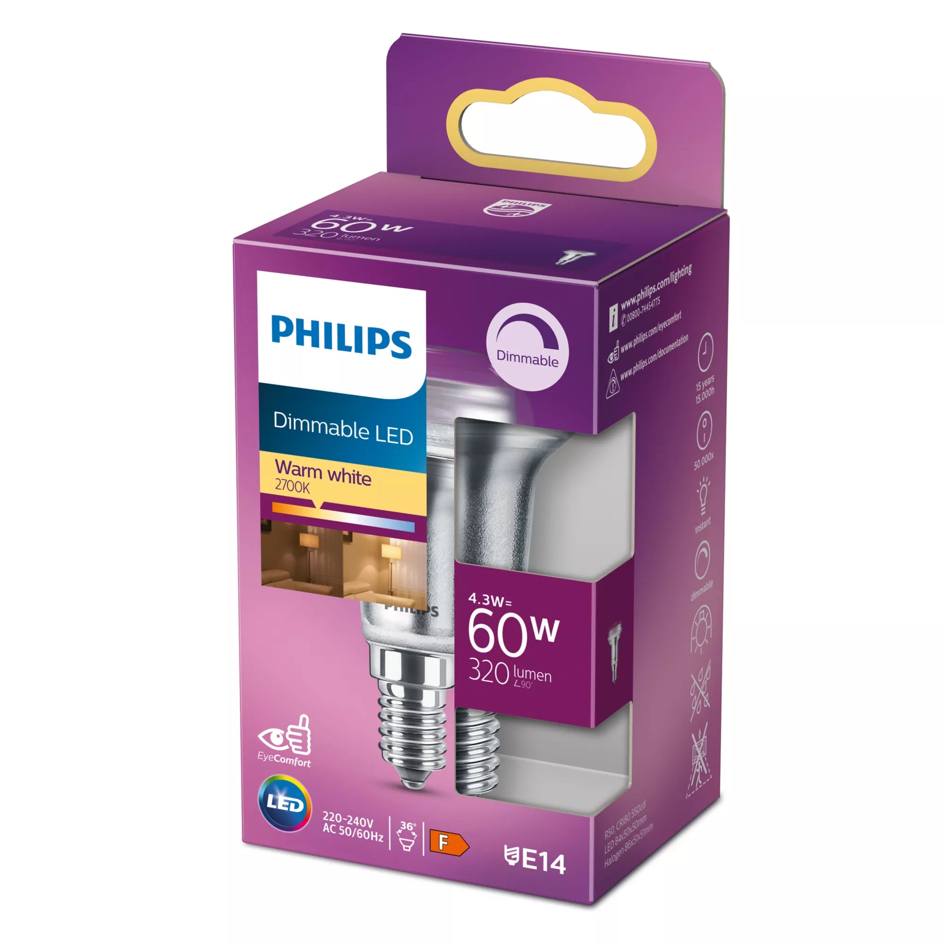 Philips by Signify Philips LED-Reflektor R50 E14 – 320 lm, 4,3 W, Warmweiss 2700 K, 36°, dimmbar – 1 Stk. – Klar