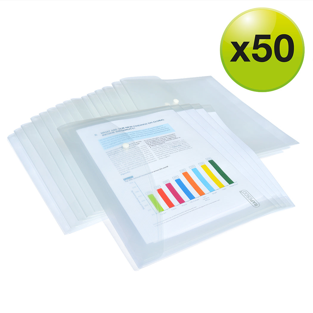 Rapesco Dokumententasche A4+, Druckknopf, transparent – 50 Stück