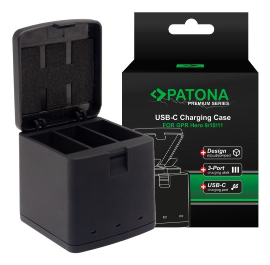 PATONA Ladebox 1795 – 3-fach, USB, schwarz – für GoPro AHDBT901, ADBAT001, ADDBD-211