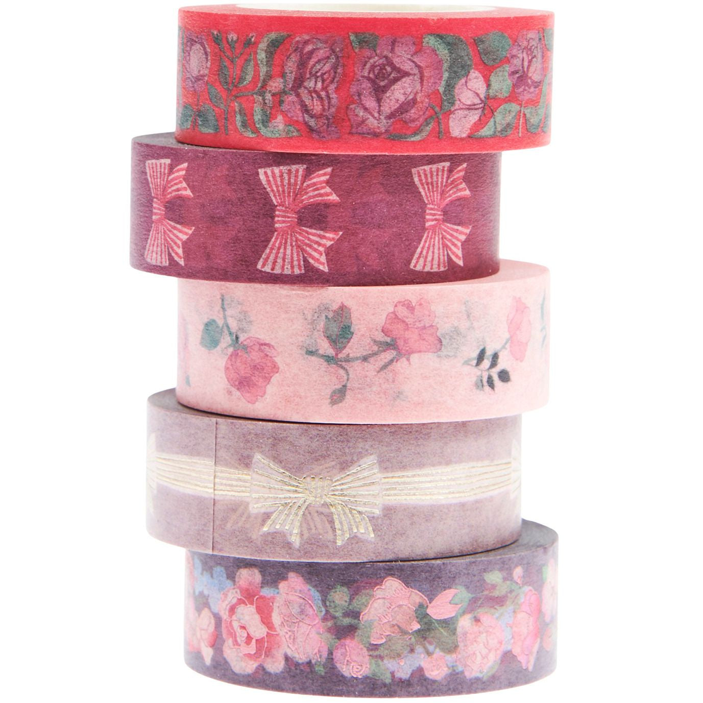 Rico Design La Vie En Ros Washi Tape – 15 mm × 10 m, mehrfarbig, Papier, wiederablösbar, 5 Rollen