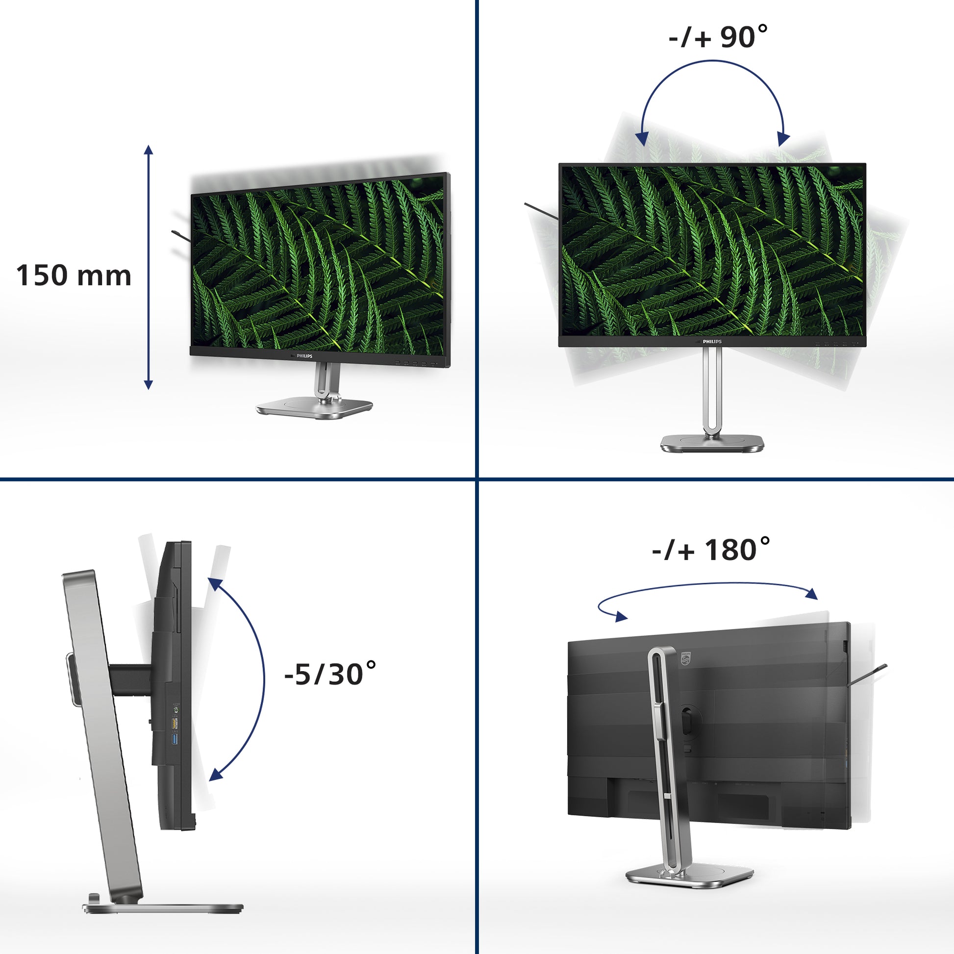 Philips 27B2G5500/00 – Monitor, 27", 300 cd/m², Adaptive Sync, Lautsprecher, Pivot, VESA 100 × 100, Grau