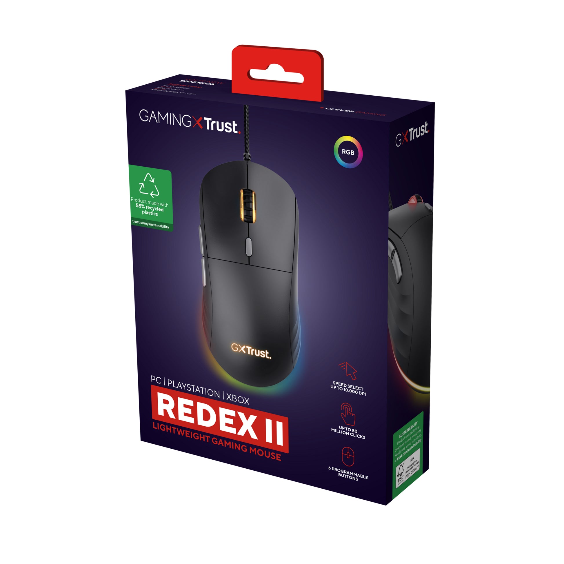 Trust GXT925 Redex II Gaming-Maus – kabelgebunden, 6 Tasten, für Rechtshänder, Beleuchtung, schwarz