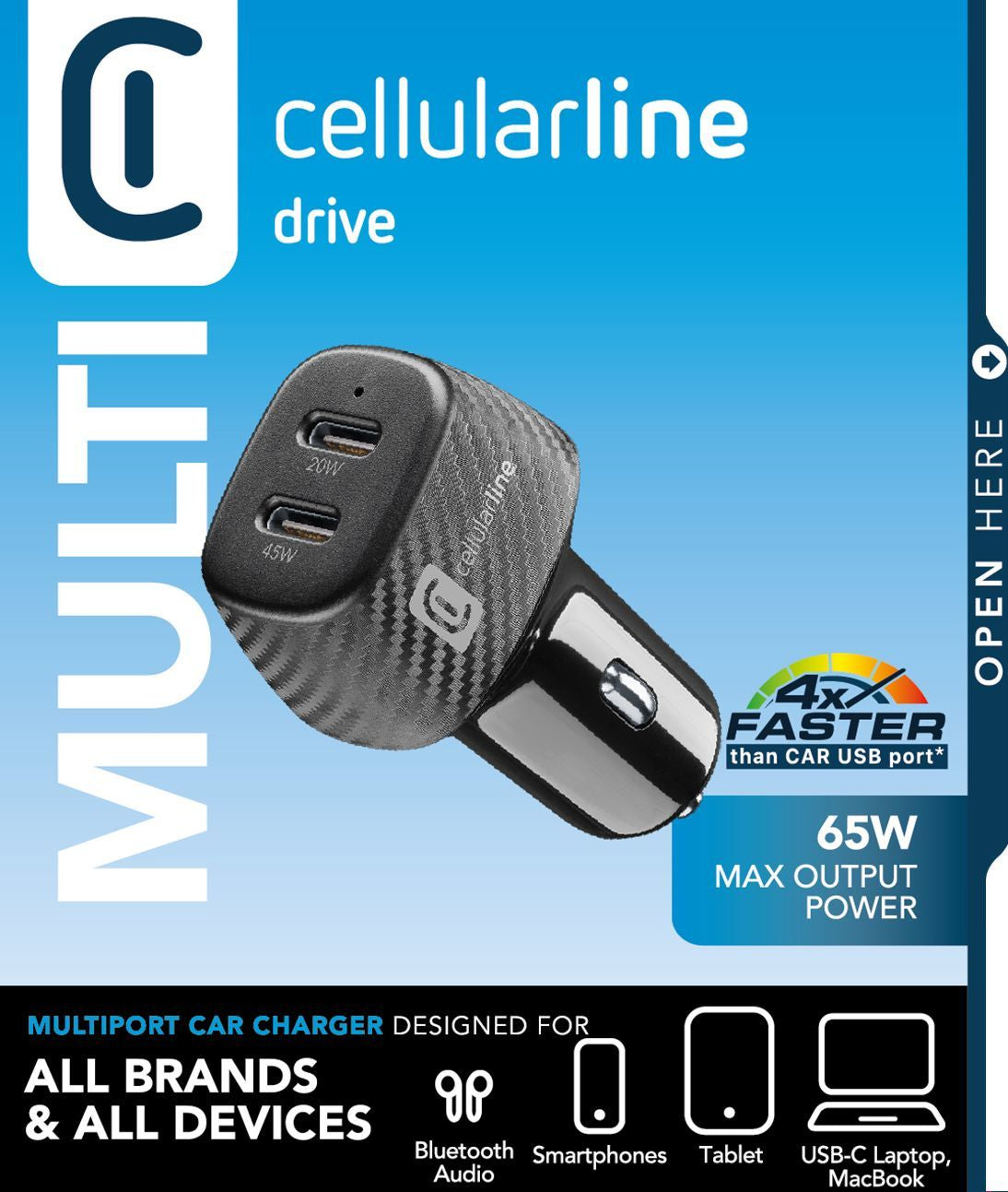 Cellularline Multipower Hyper Charger Auto-Ladegerät 65 W – 2×USB-C, PD – 12–24 V KFZ – für Smartphone & Laptop