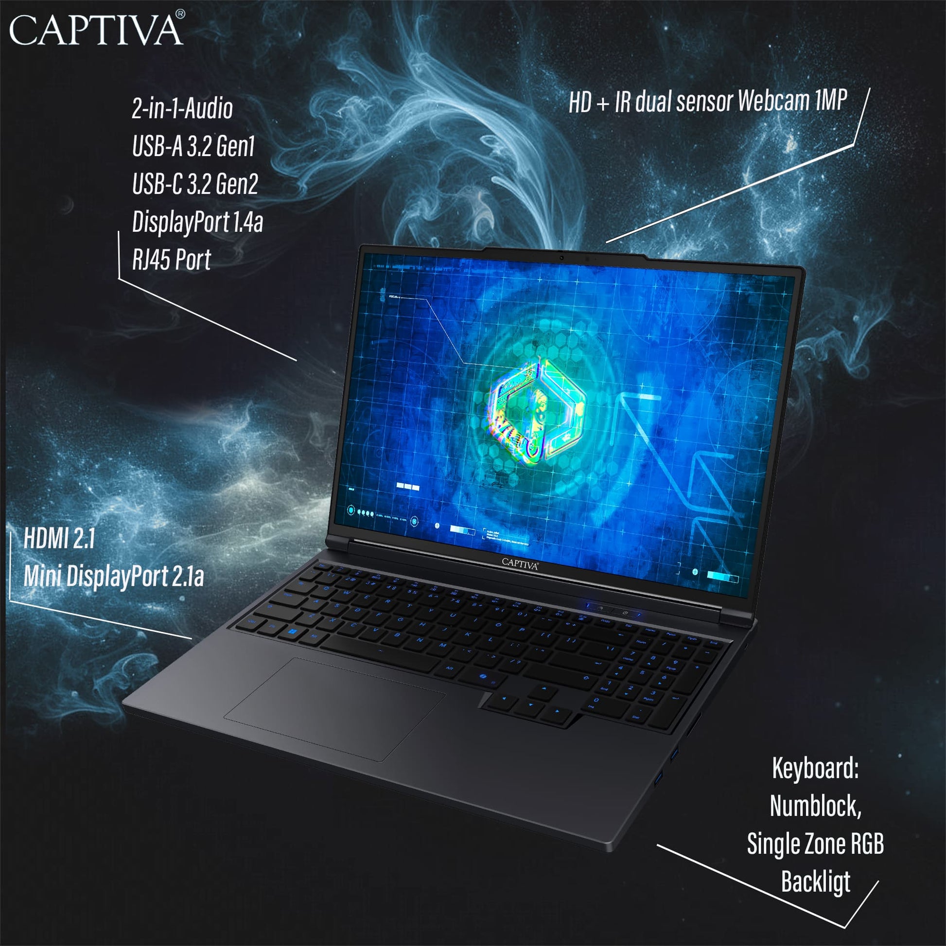 Captiva Highend Gaming I10-3444CH – 16" WQXGA, Core i9 14900HX, 16 GB, 1 TB SSD, RTX 5070 Ti, Win 11 Home