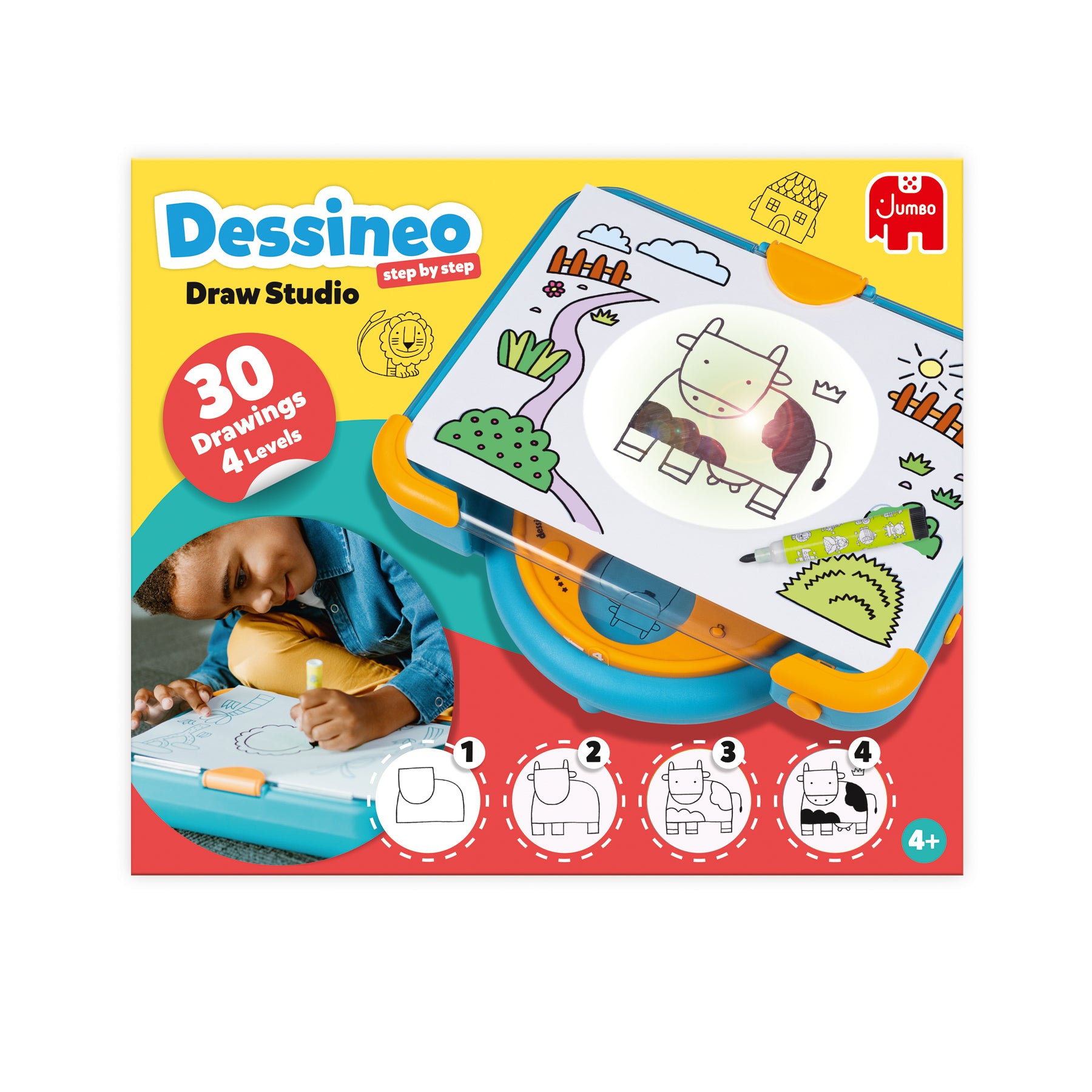 Jumbo Dessineo – Mal-Set für Kinder, sortiert, mit Zeichenplatte, 30 Schablonen, 1 schwarzer Stift