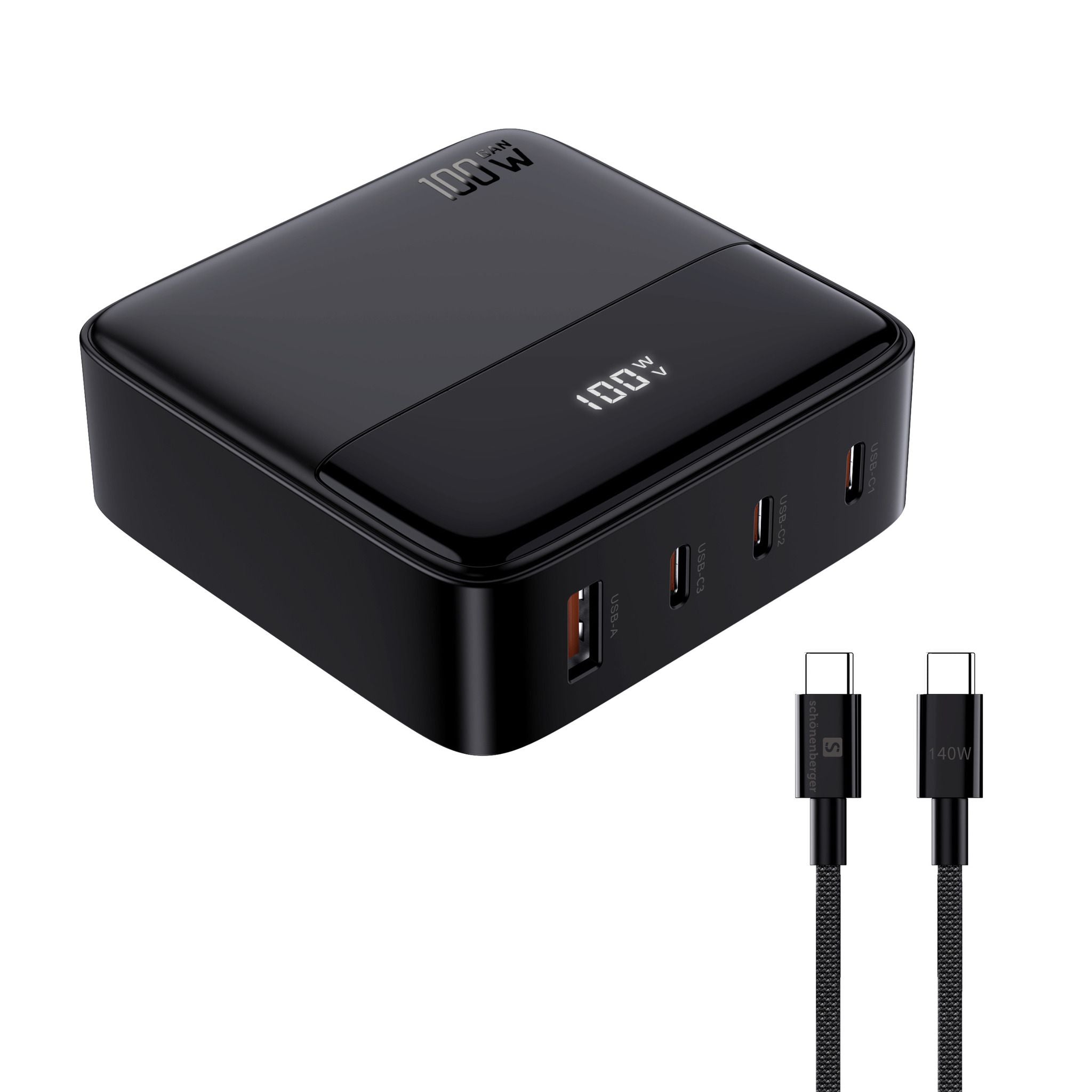 M. Schönenberger 24.21100SZ USB-Desktop-Ladegerät 100 W – USB-C×3, USB-A×1 – GaN – Schwarz