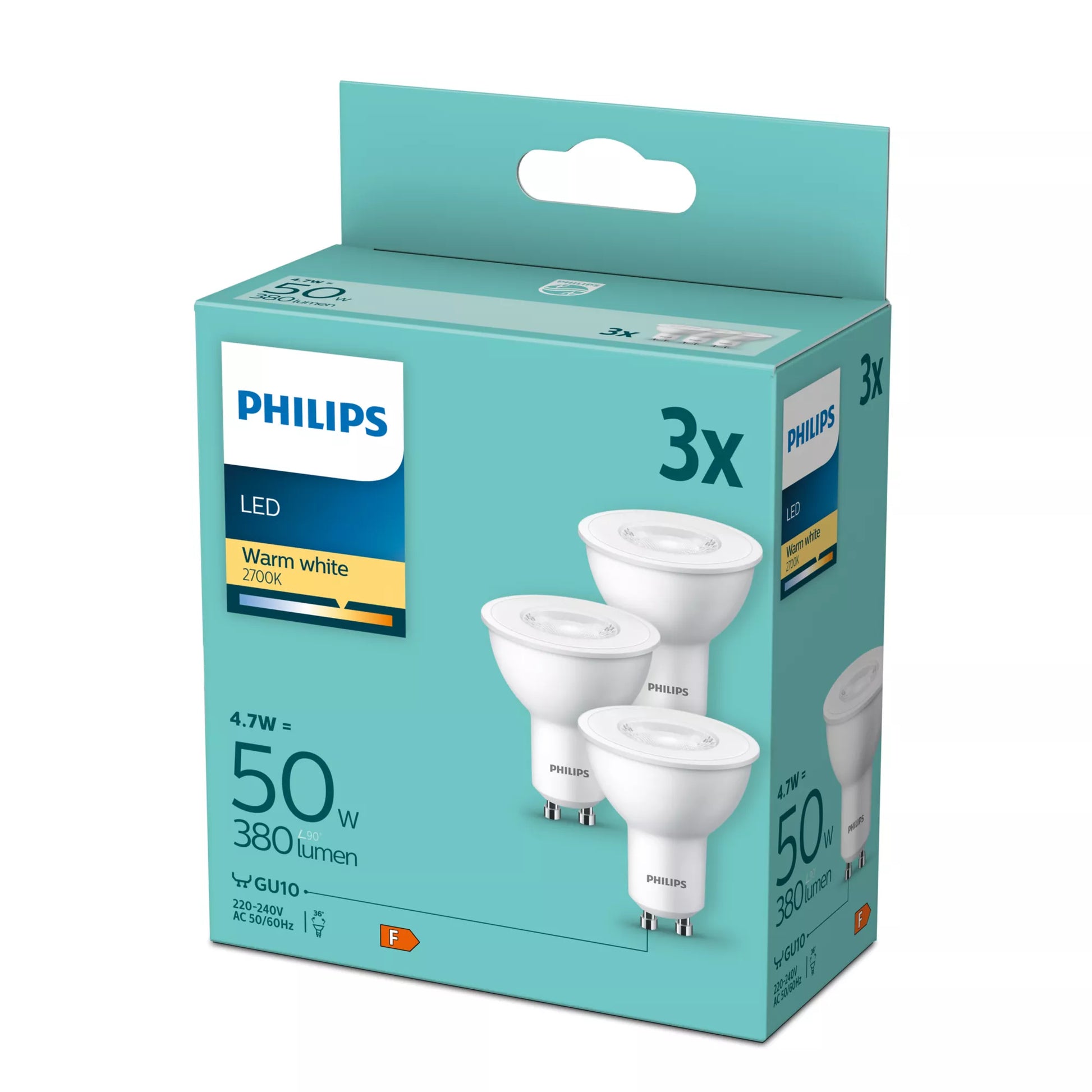 Philips by Signify Philips LED-Reflektor MR16 GU10 – Warmweiss 2700 K, 380 lm, 4,7 W, 36° – 3 Stk. – Weiss