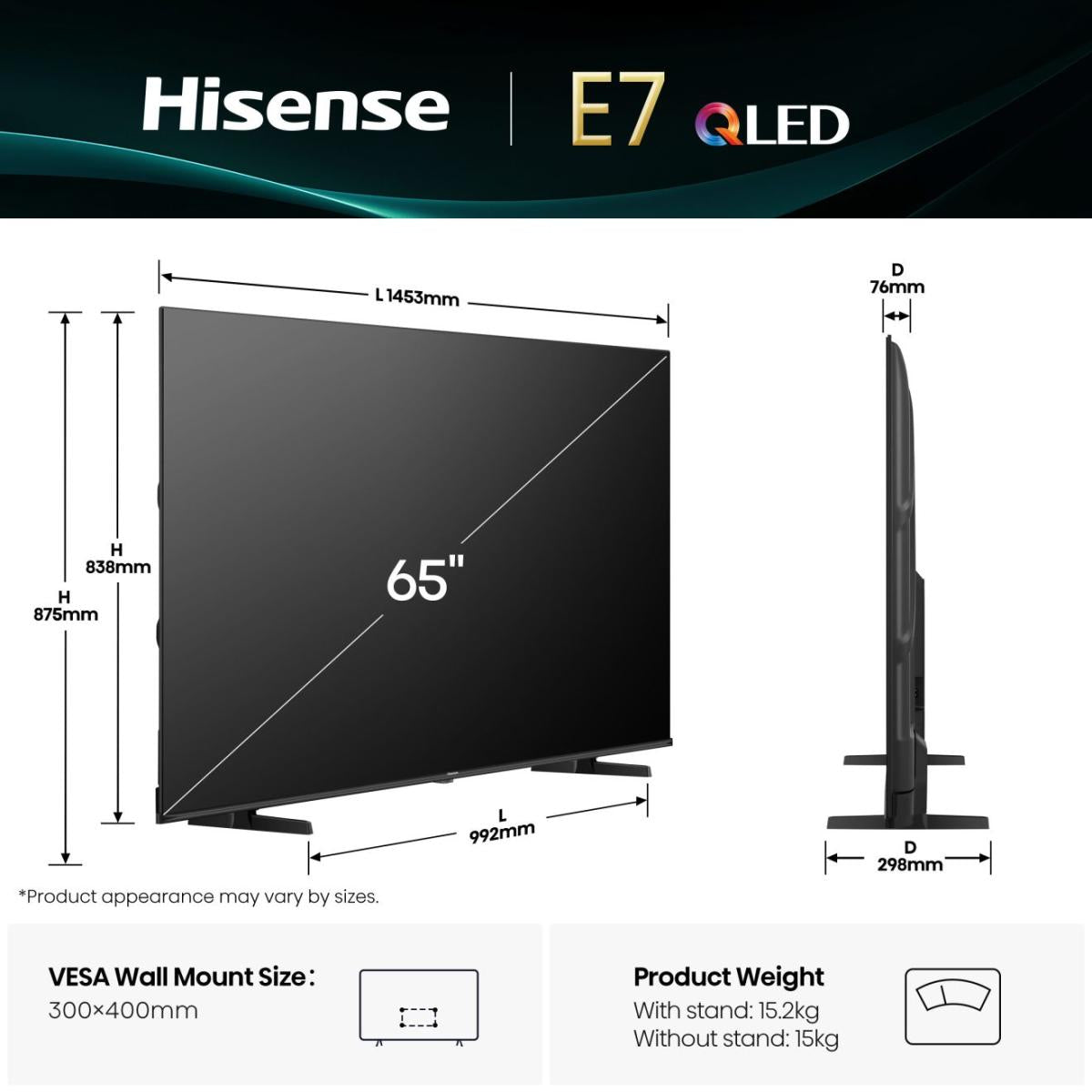 Hisense E77Q – 65" TV – 4K UHD – QLED – VIDAA – 60 Hz – Dolby Vision