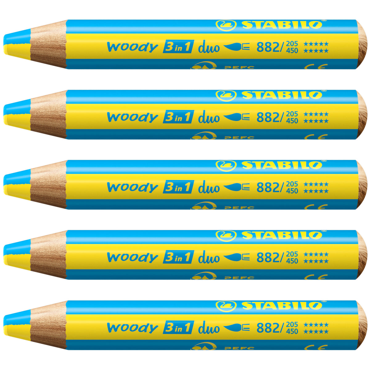 STABILO Buntstifte woody 3 in 1 Duo – 3-in-1, rund, Minendurchmesser 10 mm, 5 Stifte, mit Spitzer