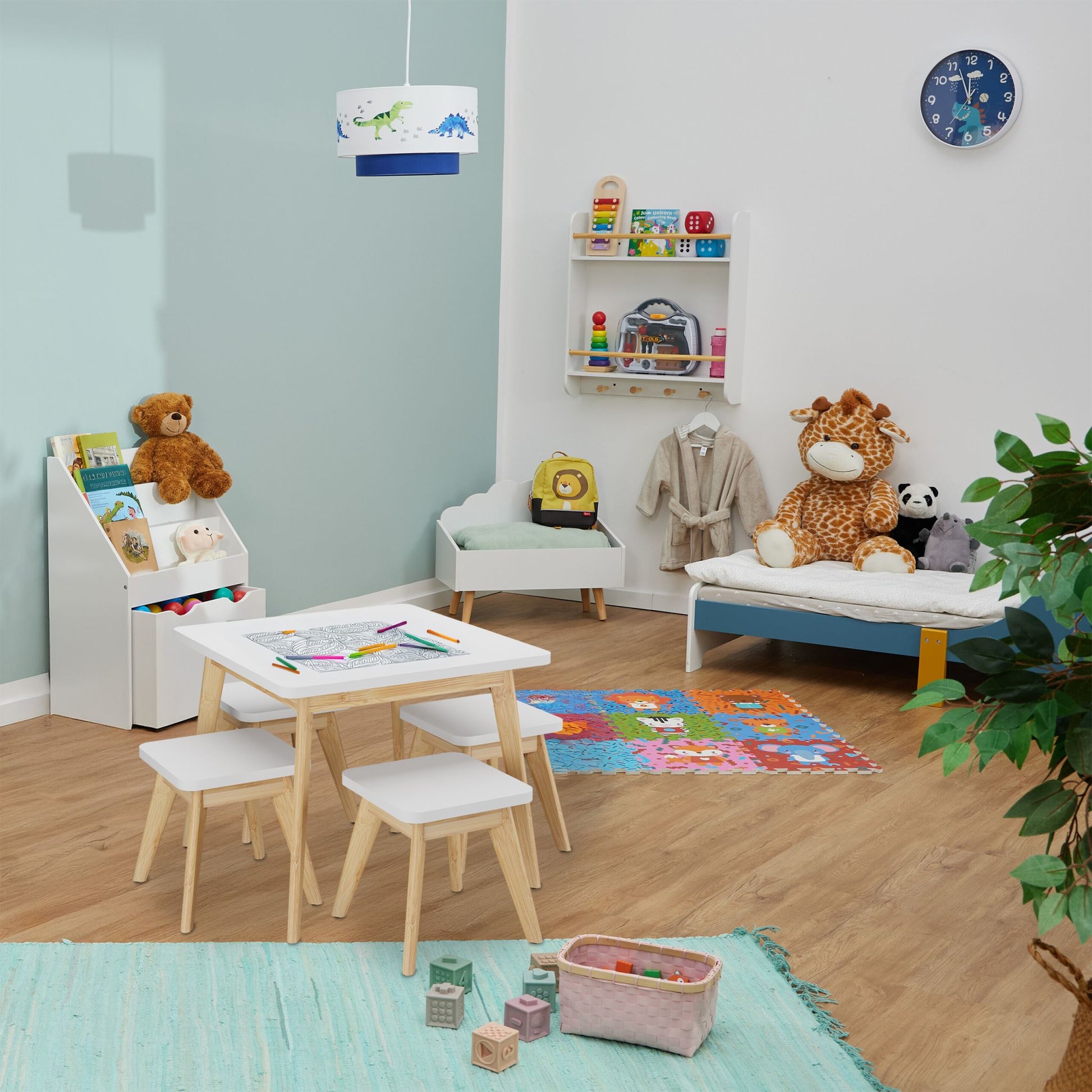 Relaxdays Sitzgarnitur-Set – B 60 × T 60 × H 49 cm – MDF, Bambus, Weiss, Natur – für Kinder