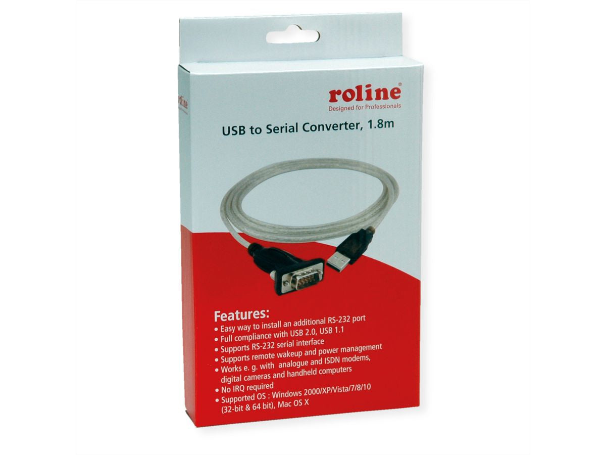 ROLINE Konverter-Kabel USB-A zu DB-9 – 1,8 m, USB 2.0, Schraubenverriegelung, inkl. Treiber-CD, Grau