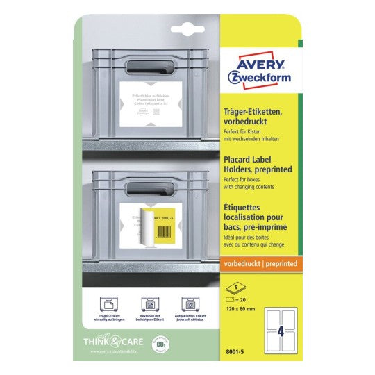 AVERY Zweckform 8001-5 – Etiketten A4 80 × 120 mm – Polypropylen, glänzend, weiss/hellgrau – 4 pro Blatt, 5 Blätter