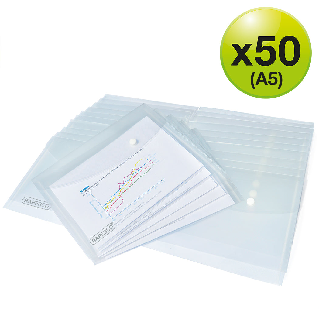 Rapesco Dokumententasche A5, Druckknopf, transparent – 50 Stück