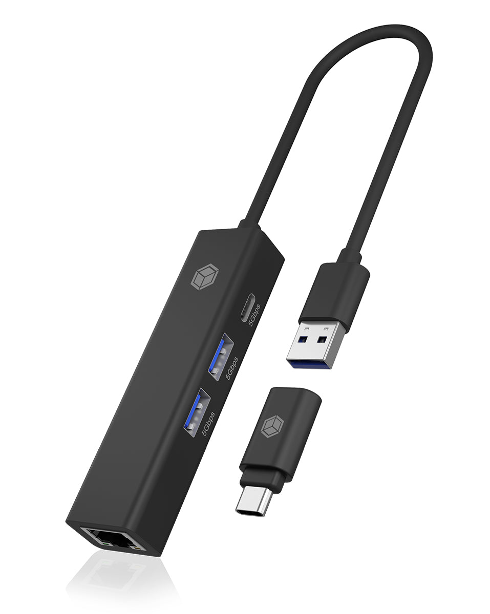 ICY BOX IB-1439-LAN USB-Hub – USB-A, 2× USB-A, 1× USB-C, GbE, für Windows/Mac/ChromeOS