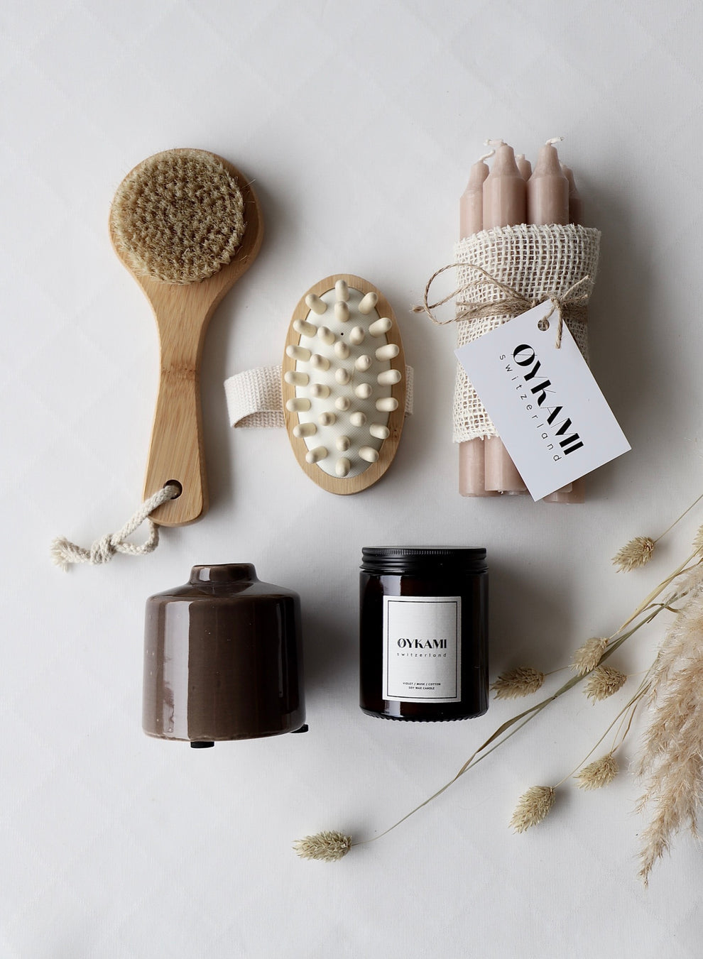 OYKAMI Geschenkbox – mit Kerzenhalter – Keramik, Holz, Rosa, Weiss, Beige – 6 Stk.