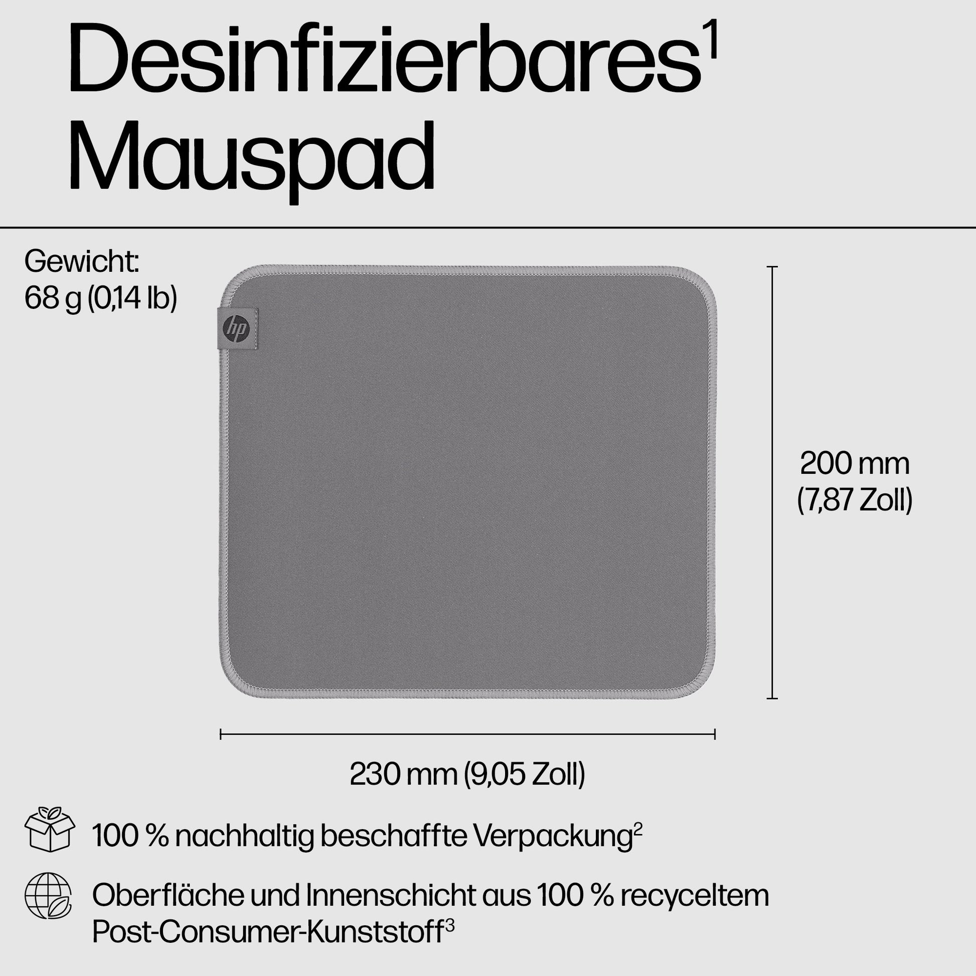 HP 100 – Mauspad – 230 × 200 mm, Polyester/Gummi, Grau