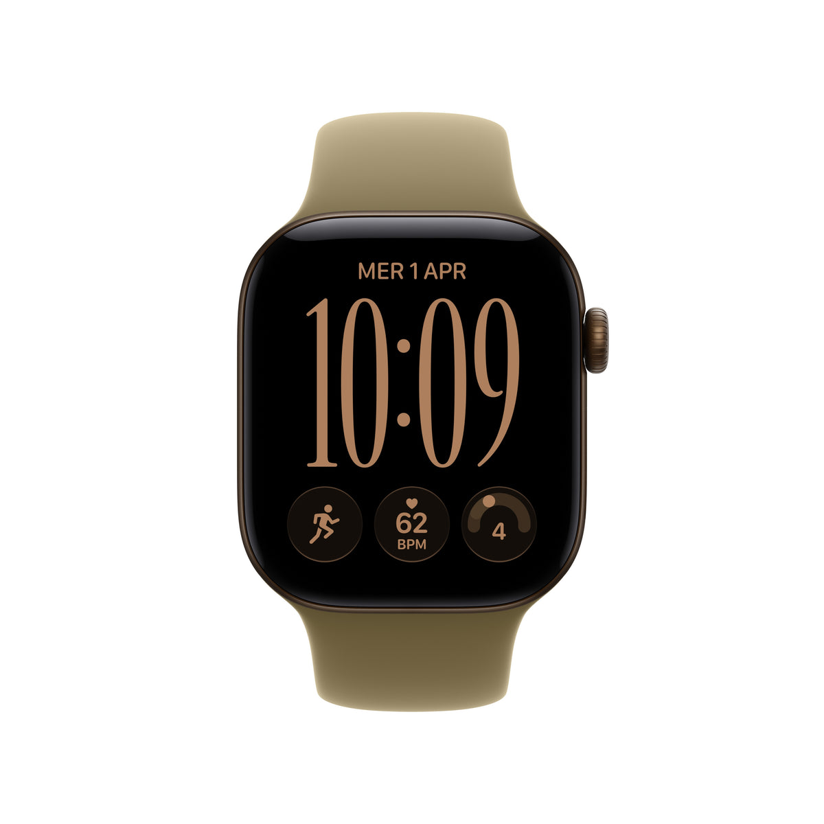 Apple Watch Series 12 42 mm GPS + Cellular – Aluminium Dunkelbronze, Sportarmband Oliv, S/M, 50 m, für iPhone