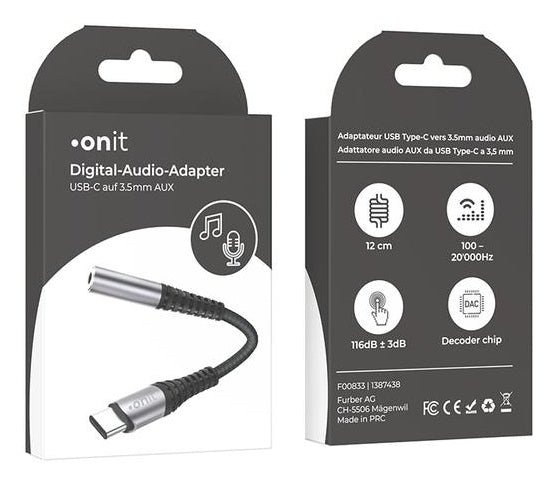 ONIT Adapterkabel – USB-C auf 3,5 mm Klinke 0,13 m – für USB-C Geräte