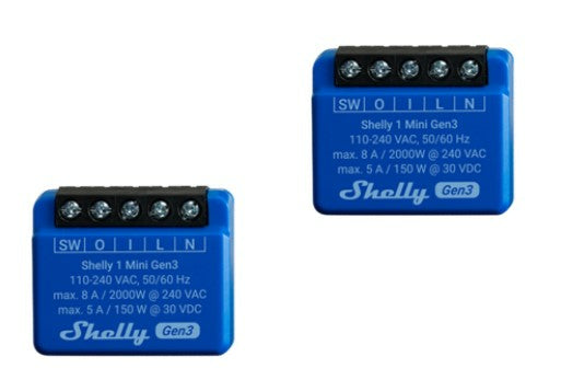 Shelly 1 Mini Gen3 – Zubehör – WLAN, Bluetooth, 8 A – für Amazon Alexa, Google Assistant – 2er-Set