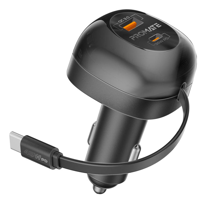 Promate PowerDrive-RC65 Auto-Ladegerät 62 W – USB-C×1, USB-A×1 – PD, QC 3.0 – 12 V KFZ-Stecker